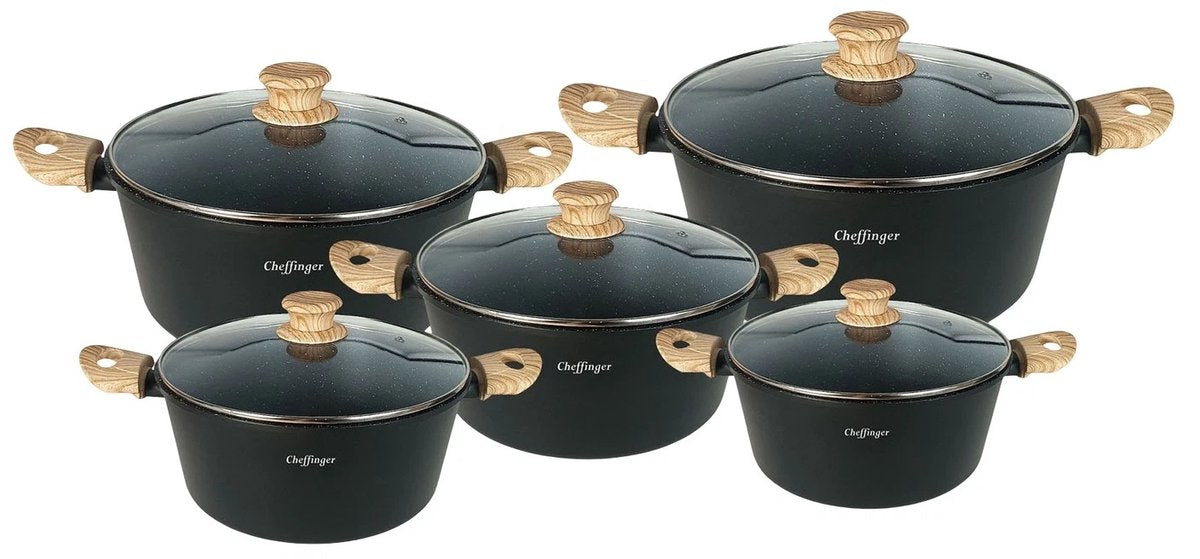 Cheffinger Pannenset - 10-delig - Zwart - Inductie - Met Glazen Deksels