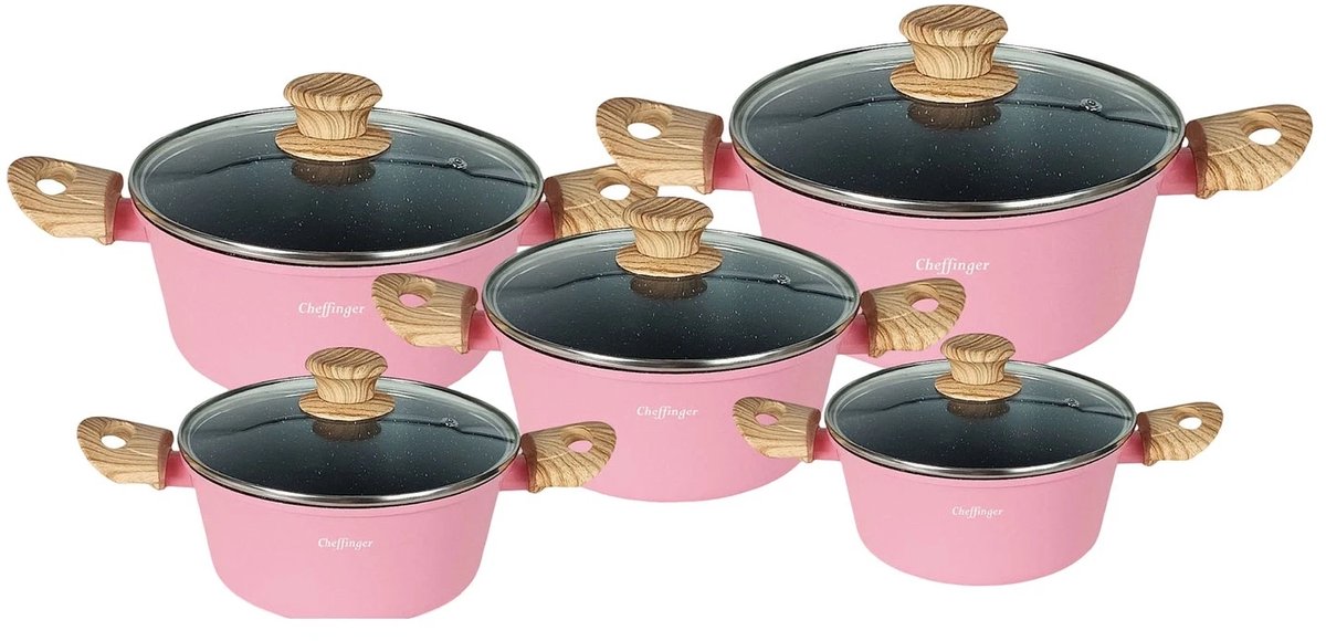 Cheffinger Pannenset - 10-delig - Roze - Inductie - Met Glazen Deksels