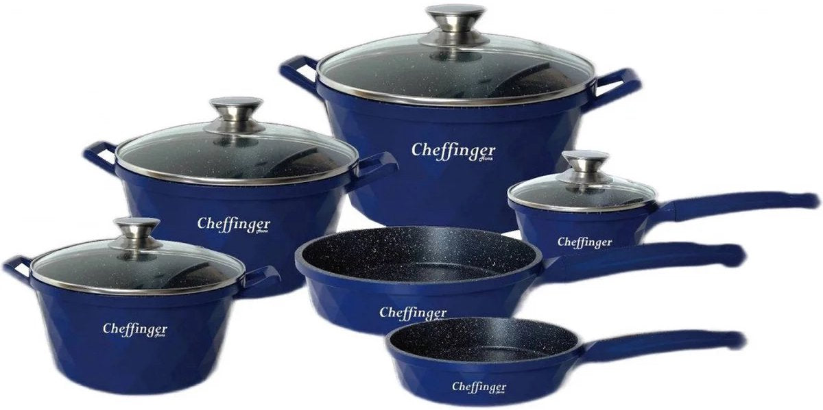 Cheffinger Pannenset - 12-delig - Blauw - Inductie - Met Glazen Deksels