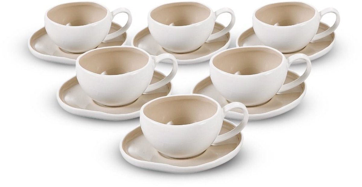 Bricard Barles Espressoset - 12-delig Wit/Taupe - 125ml - Porselein - Koffiekopjes