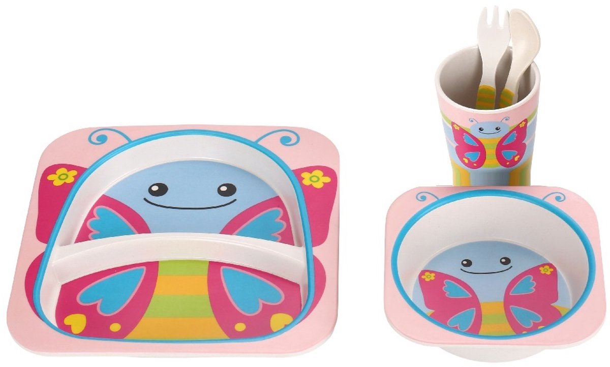 Cheffinger Kinderservies - Vlinder - Roze - 5-delig - Blauw - Baby Servies - Kinderbestek