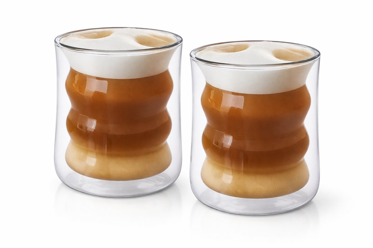 Glozini Dubbelwandige Wavy Bubbelglazen - 225ml - Set van 2 - Geribbelde Glazen - Bubble Glas - Esthetische Cocktailglazen