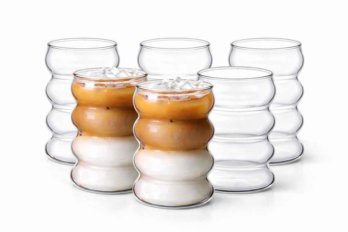 Glozini Wavy Bubbelglazen - 360ml - Set van 8 - Geribbelde Glazen - Bubble Glas - Esthetische Cocktailglazen