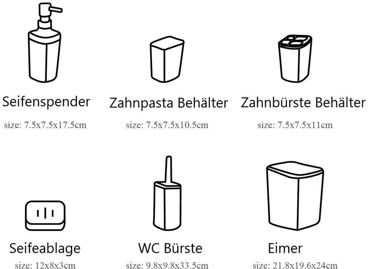 Cheffinger Badkameraccessoireset - 6-delig - Zwart - Zeepdispenser - Tandenborstelbeker - Zeepbakje - Beker - WC-borstel - Afvalemmer