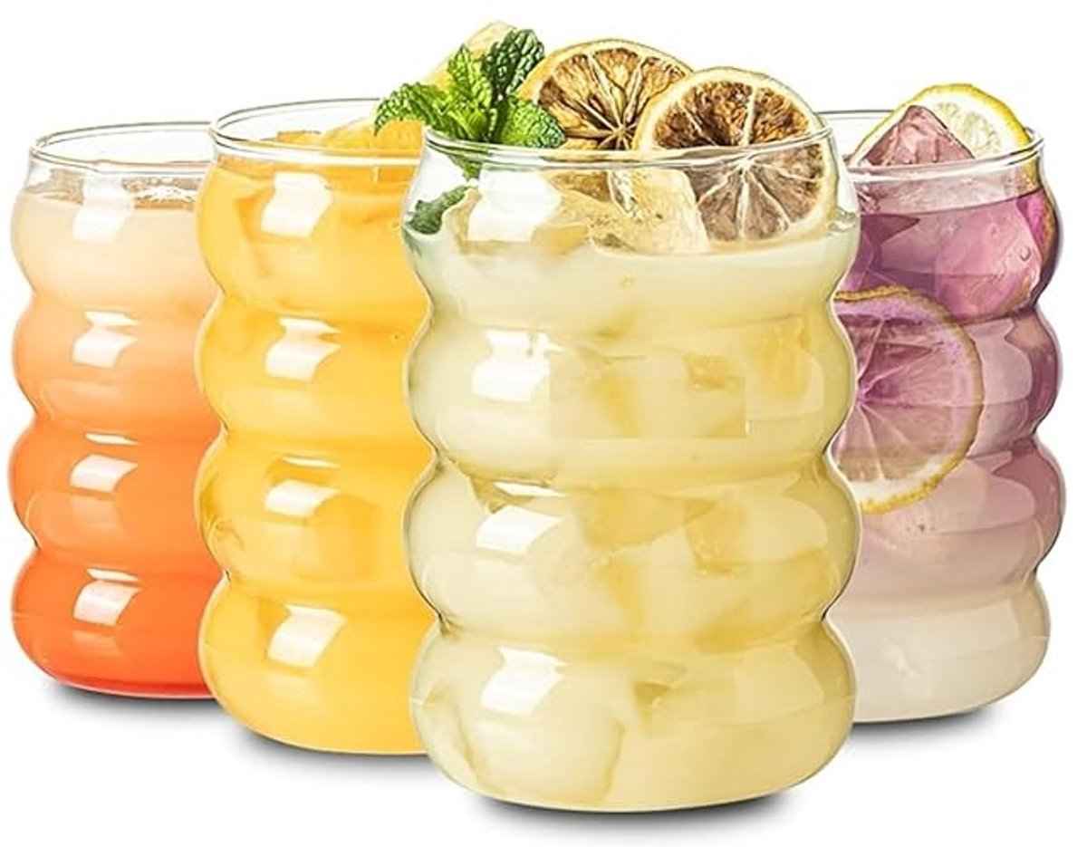 Glozini Wavy Bubbelglazen - 360ml - Set van 2 - Geribbelde Glazen - Bubble Glas - Esthetische Cocktailglazen