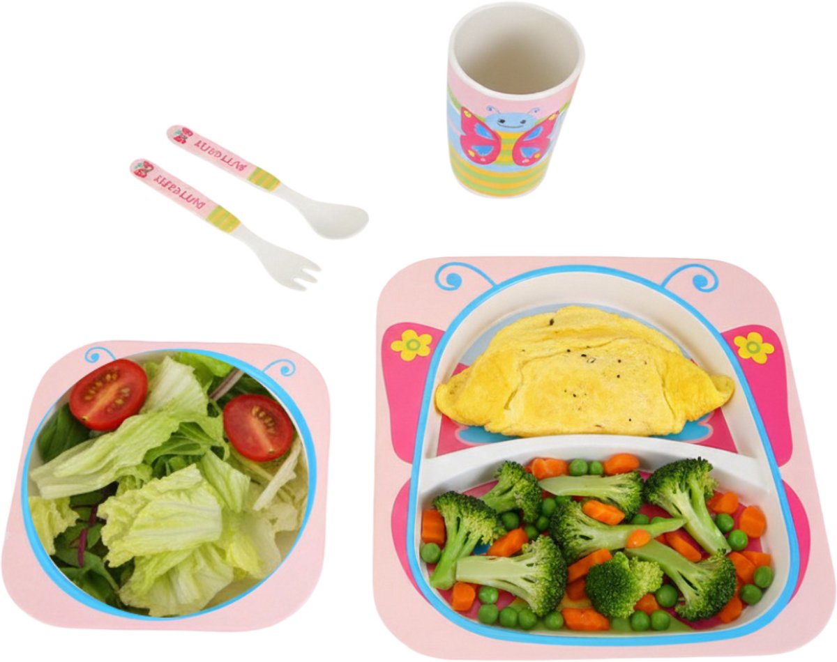 Cheffinger Kinderservies - Vlinder - Roze - 5-delig - Blauw - Baby Servies - Kinderbestek