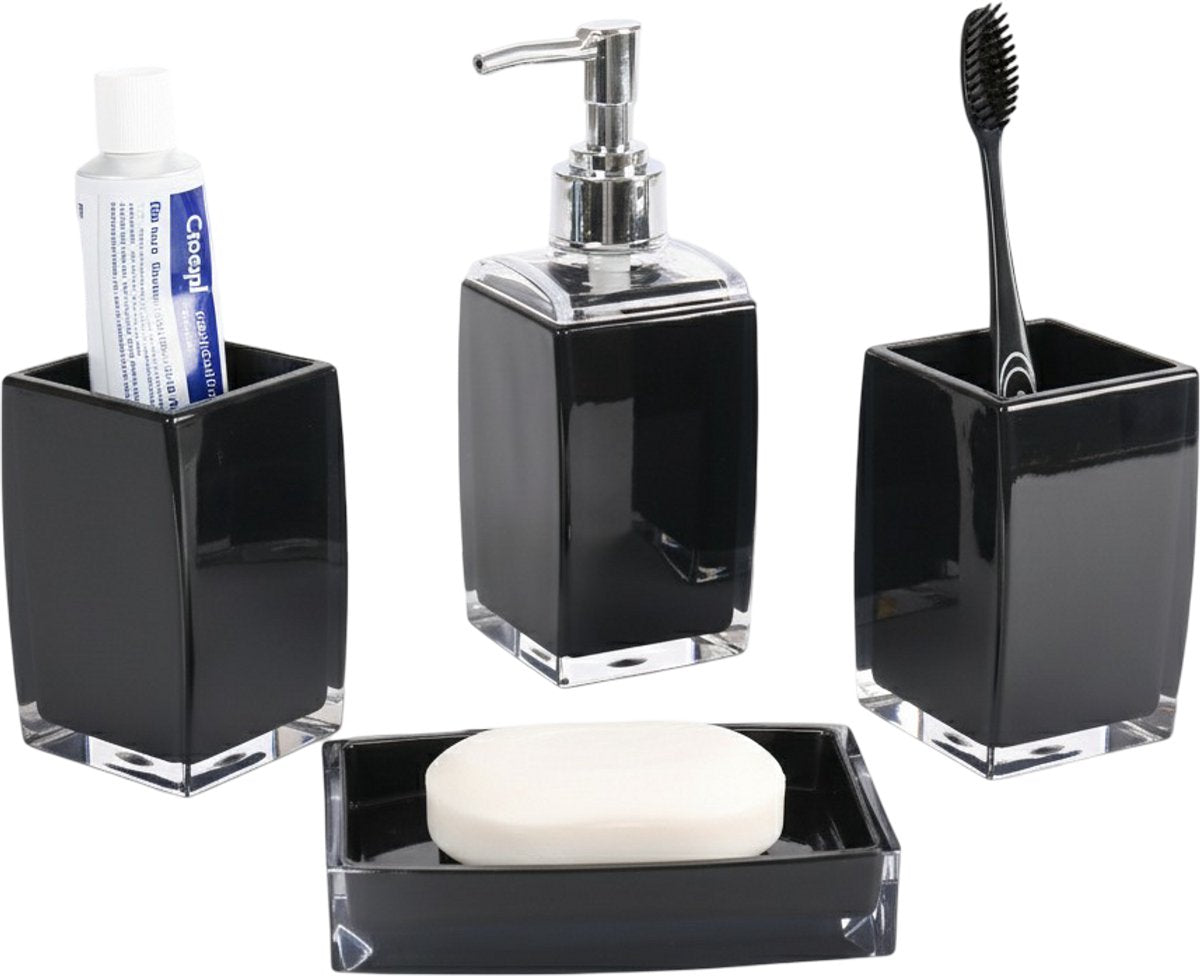 Cheffinger Badkameraccessoireset - 4-delig - Zwart - Zeepdispenser - Tandenborstelbeker - Zeepbakje - Beker