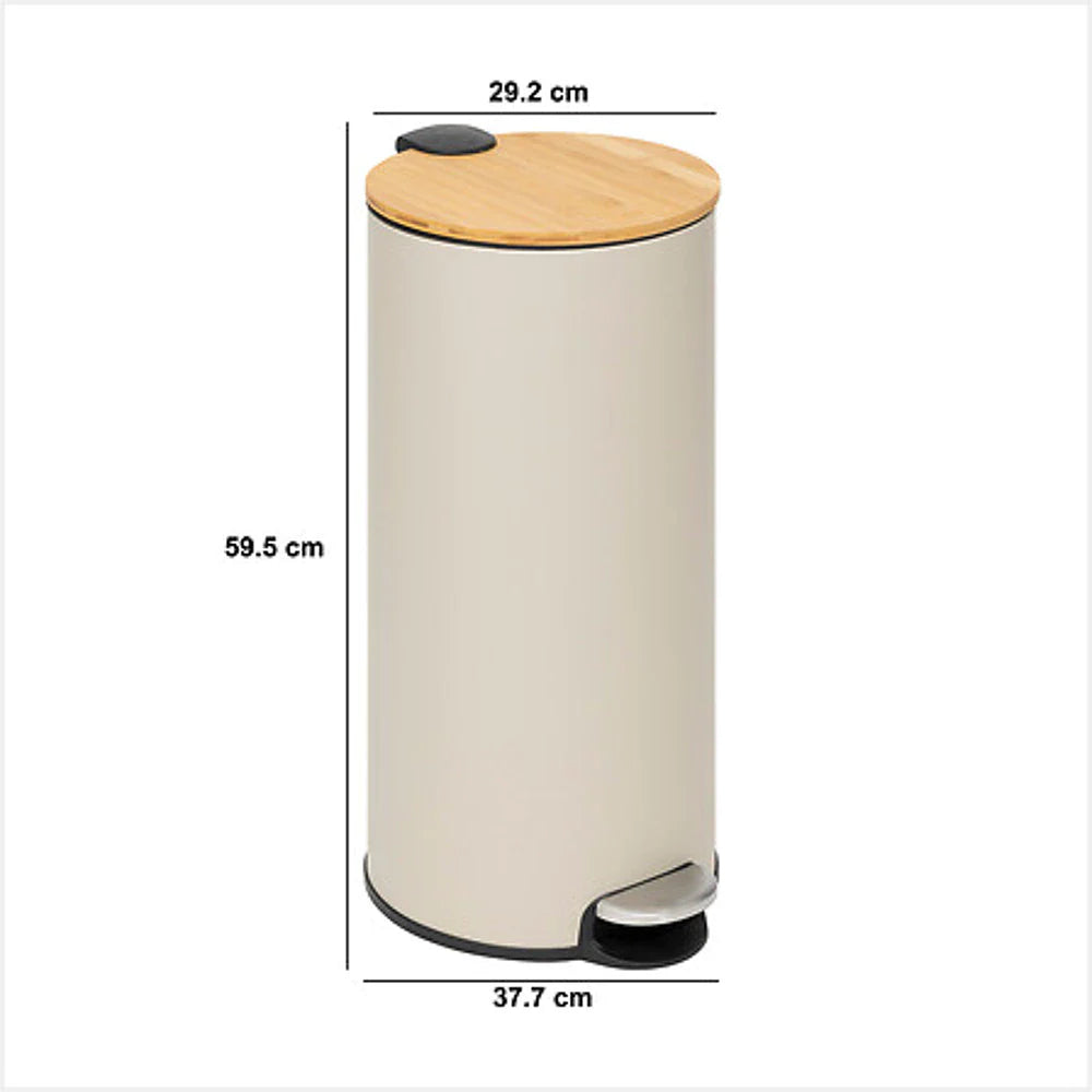 5Five Prullenbak met Bamboe Deksel - Beige - 30L - Pedaalemmer - Rond - Metaal