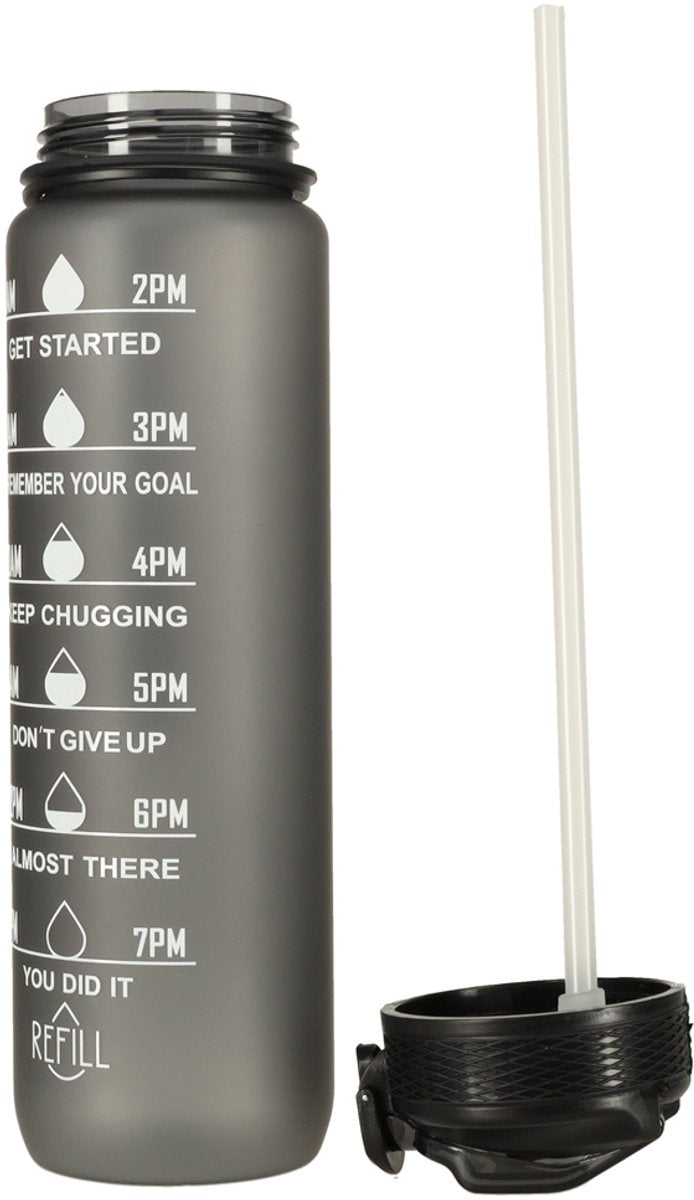 Hauskraft Motivatie Waterfles - Zwart - Drinkfles - Waterfles met Rietje - Waterfles met Tijdmarkering - 1L