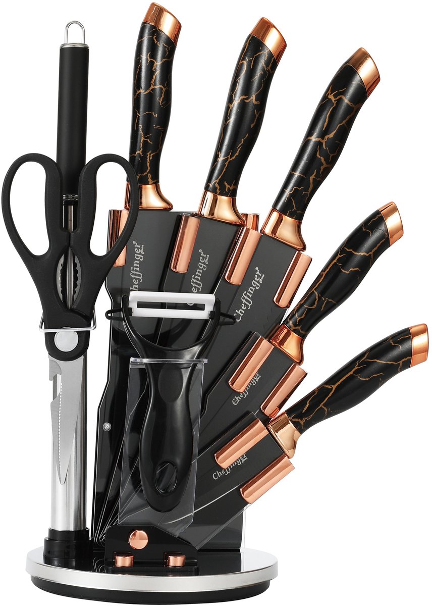 Ensemble de couteaux Cheffinger avec support - 9 pièces - Noir/Or rose