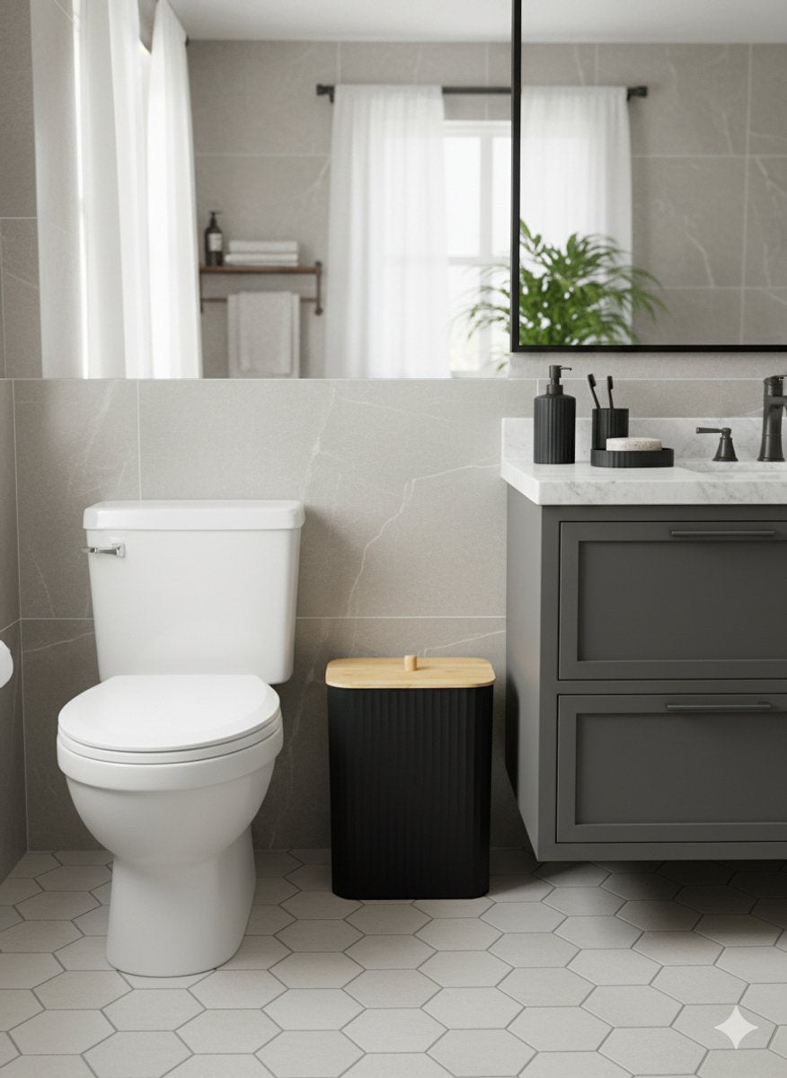 Cheffinger Badkameraccessoireset - 6-delig - Zwart - Zeepdispenser - Tandenborstelbeker - Zeepbakje - Beker - WC-borstel - Afvalemmer