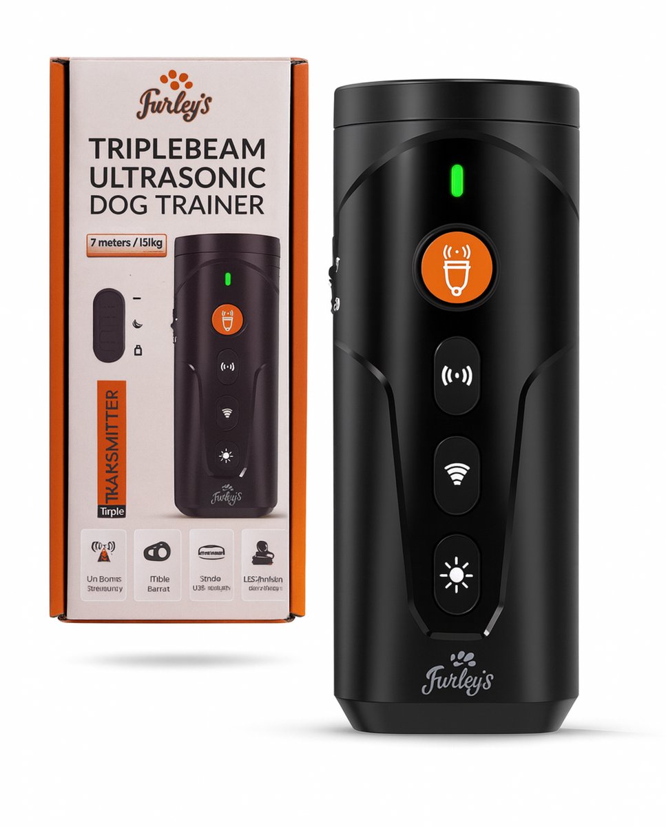 Furley’s Anti Blaf Apparaat – Diervriendelijke Hondentrainer Zonder Schok – 3 Zenders - 4-in-1 Ultrasoon, Geluid, LED & Zaklamp – USB-C Oplaadbaar – Bereik 7m – Voor Kleine & Grote Honden – Zwart