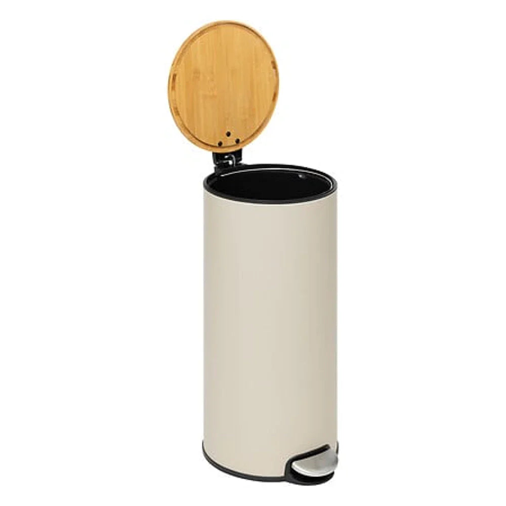 5Five Prullenbak met Bamboe Deksel - Beige - 30L - Pedaalemmer - Rond - Metaal