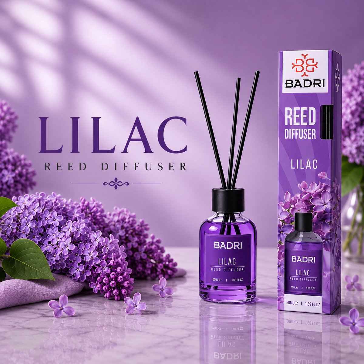 BADRI Geurstokjes Lilac 50ML – Luxe Reed Diffuser met Sering Geur voor Woonkamer & Badkamer geurstokjes productafbeelding 2