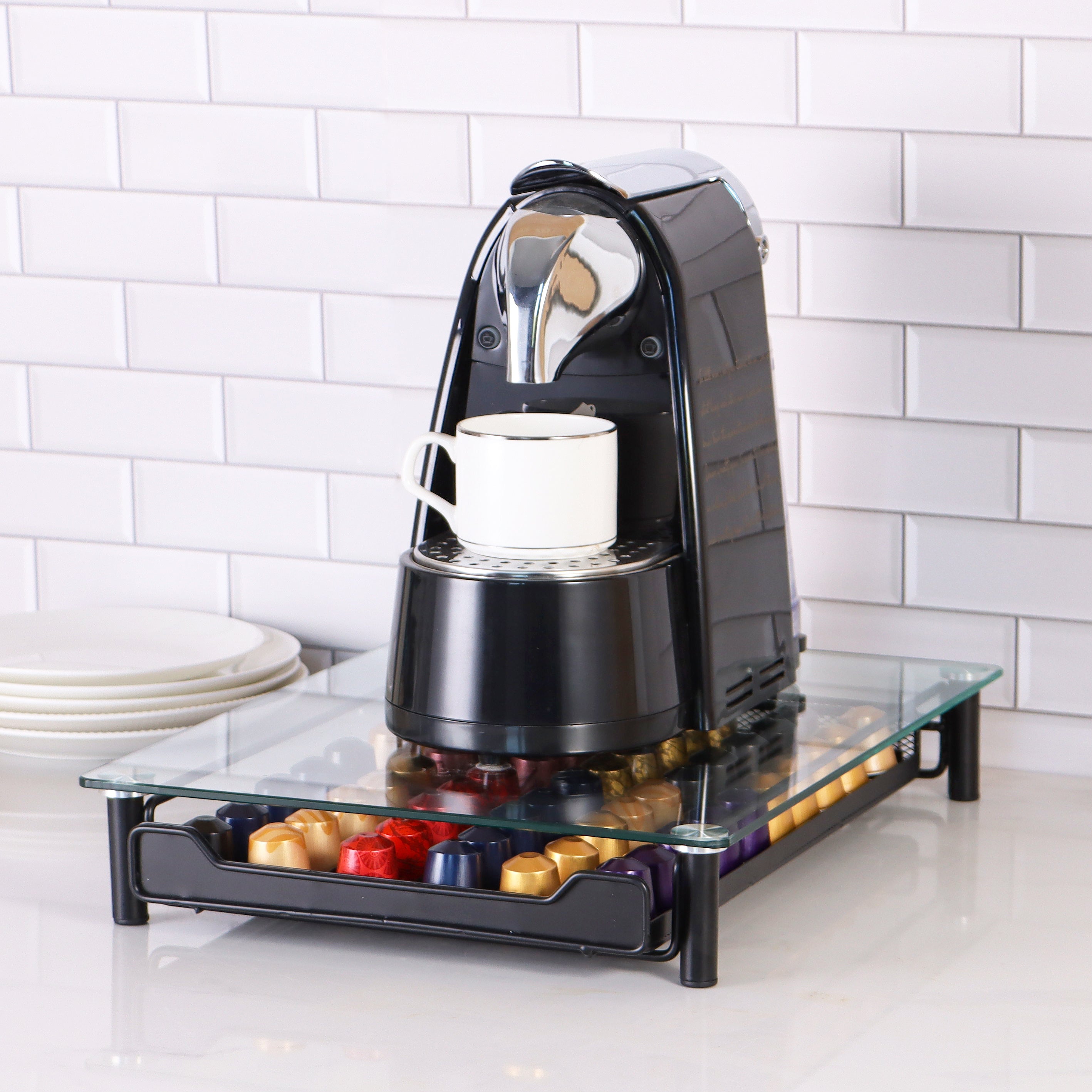 Cheffinger Glazen Capsule Houder met Lade - 60 Cups - Espresso Koffie Pad en Cups Houder - Glas en RVS - Zwart