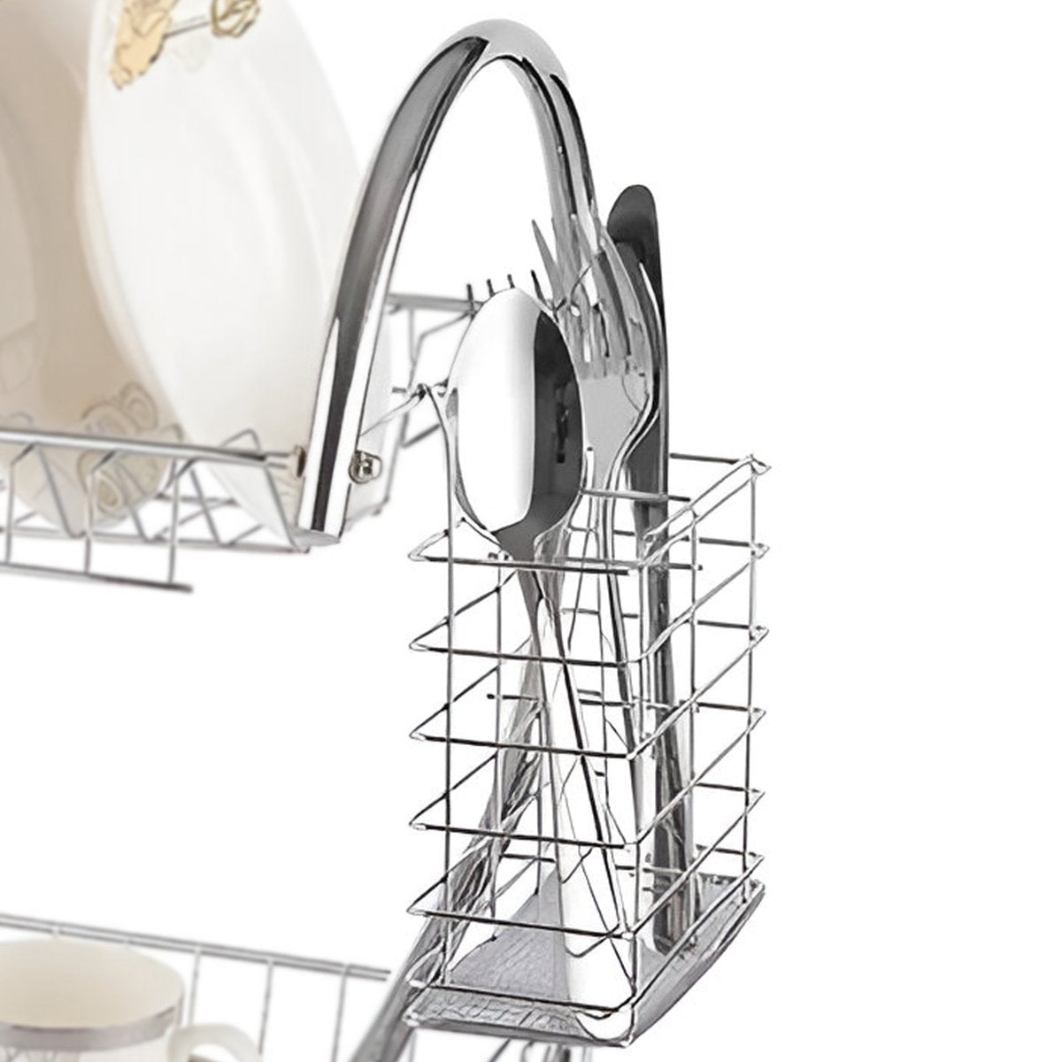 Cheffinger Dish Drainer with Drip Tray - Silver - 2 Tiers - Dish Draining Rack Drying Rack with Cutlery Basket - Stainless Steel