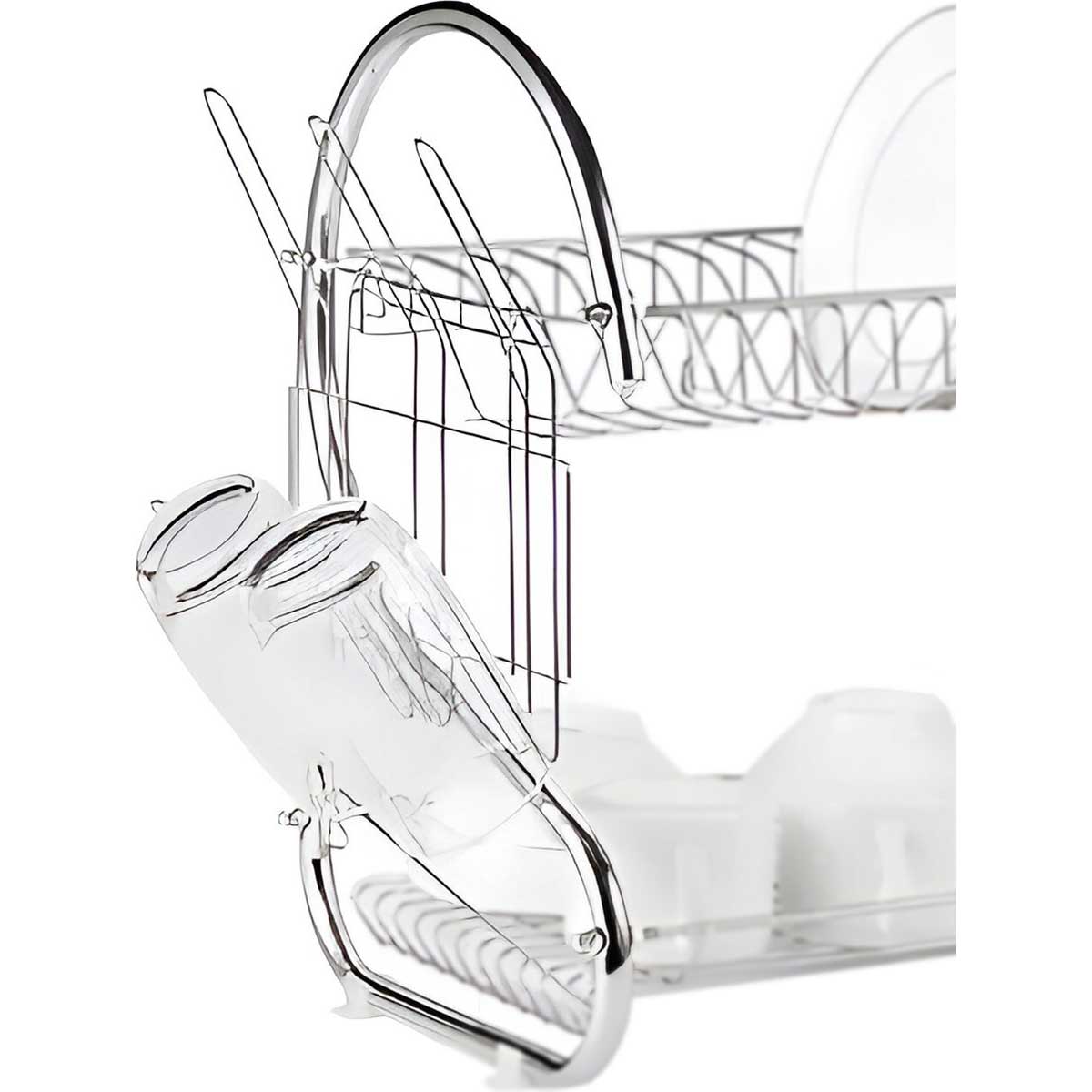 Cheffinger Dish Drainer with Drip Tray - Silver - 2 Tiers - Dish Draining Rack Drying Rack with Cutlery Basket - Stainless Steel