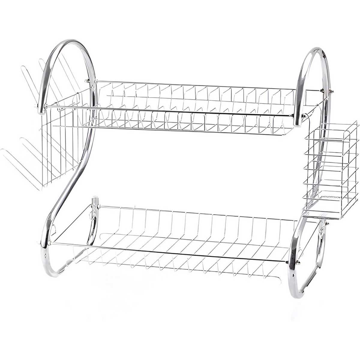 Cheffinger Dish Drainer with Drip Tray - Silver - 2 Tiers - Dish Draining Rack Drying Rack with Cutlery Basket - Stainless Steel