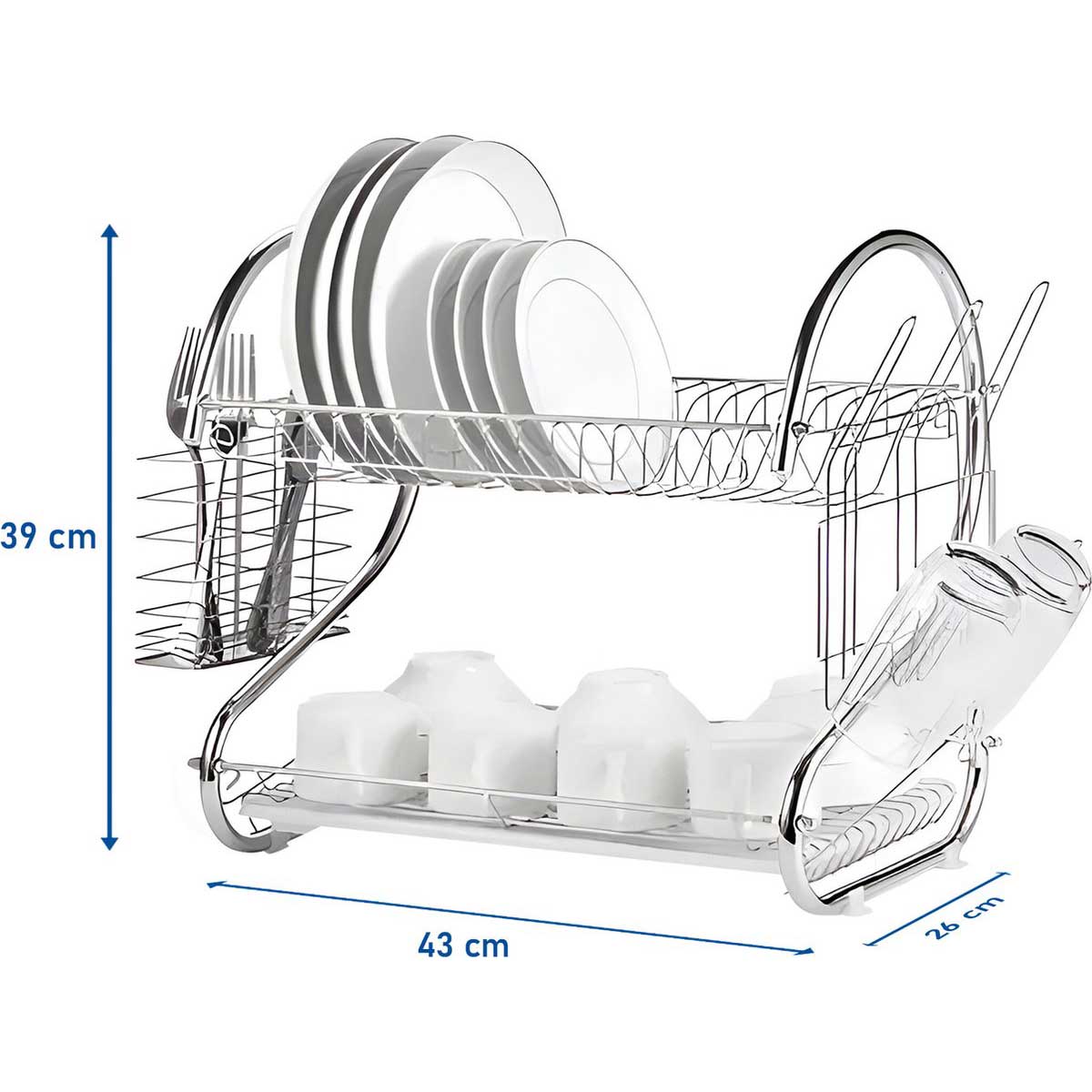 Cheffinger Dish Drainer with Drip Tray - Silver - 2 Tiers - Dish Draining Rack Drying Rack with Cutlery Basket - Stainless Steel