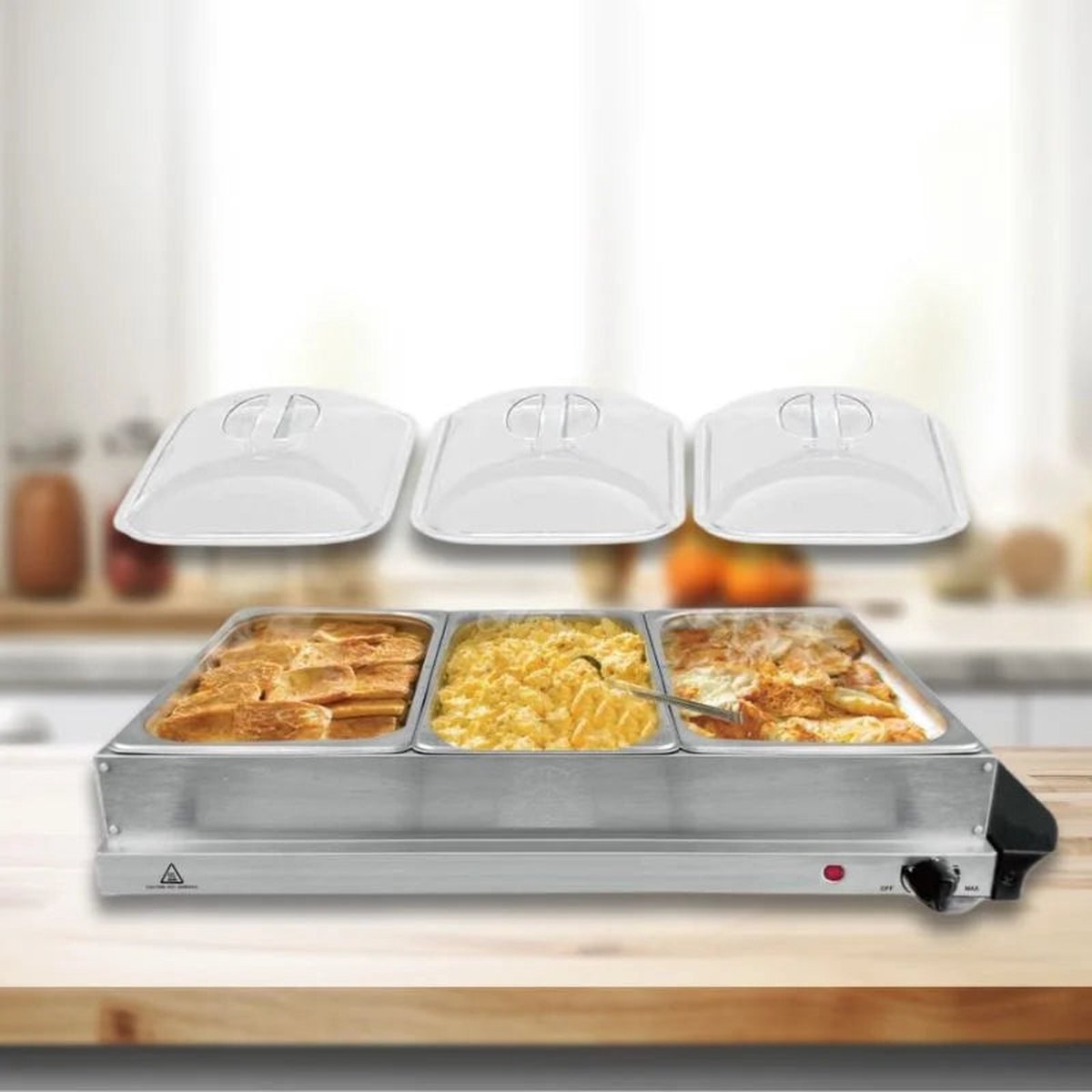 Cheffinger Buffetwarmer - Warmhoudplaat - Voedselwarmer - 3x2.4L - Roestvrij Staal - TEKZEN