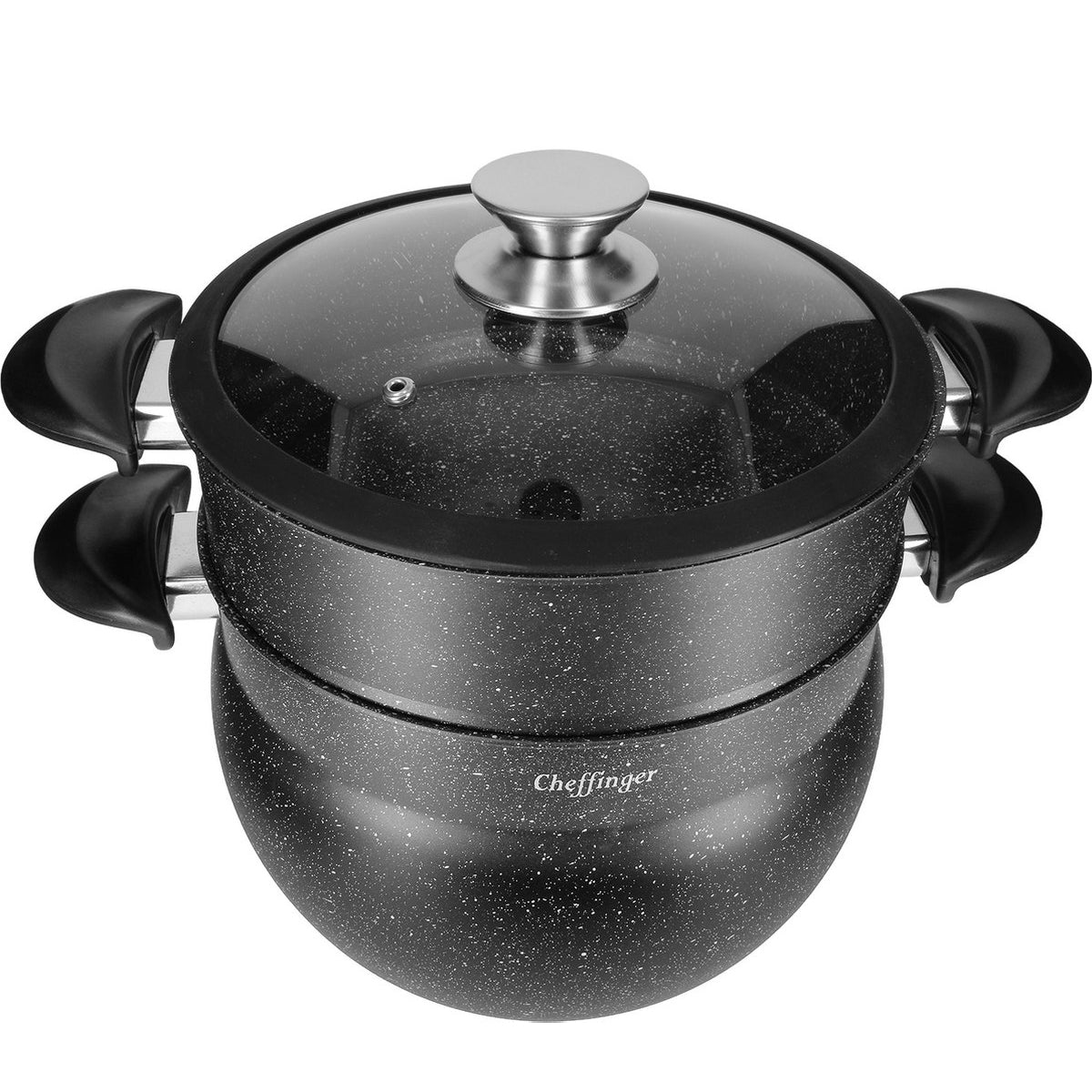 Cheffinger Couscouspan - Stoompan - 8L - Zwart - Rijst en Groentestomer - Couscoussier - Met Glazen Deksel - Inductie - TEKZEN