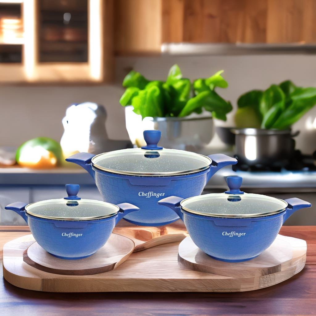 Cheffinger Pannenset - Crocodile Line - 6-delig - 20, 24 & 28cm - Blauw - TEKZEN