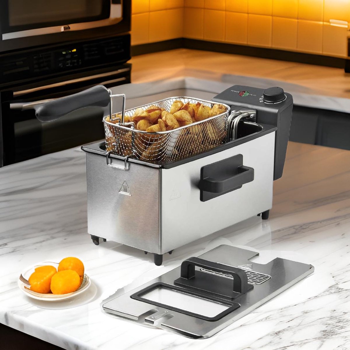 Cheffinger Friteuse - 3L - RVS - 2000W - Met Kijkvenster & Uitneembare Frituurmand - Frituurpan