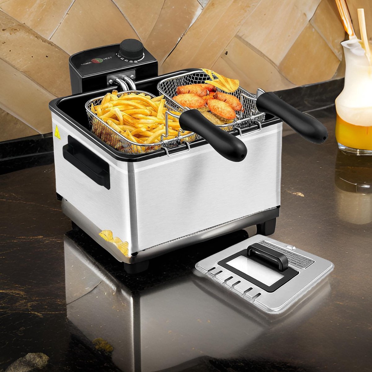 Cheffinger Friteuse - 5L - RVS - 2000W - Met Kijkvenster & 3 Uitneembare Frituurmand - Frituurpan