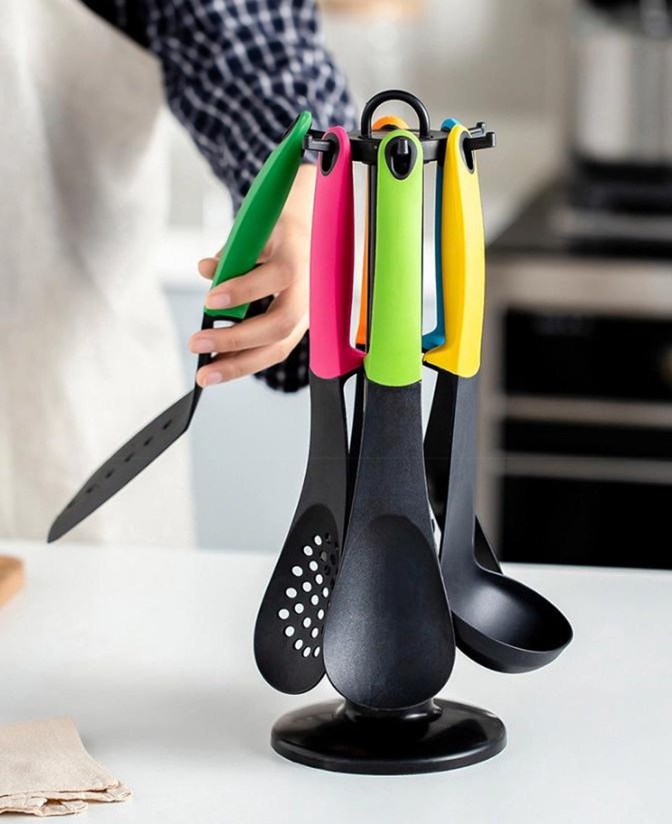 Cheffinger Keukengerei Set - 7-delig - Multi Kleur - 360° Draaibare Standaard - Kookgerei Set - TEKZEN