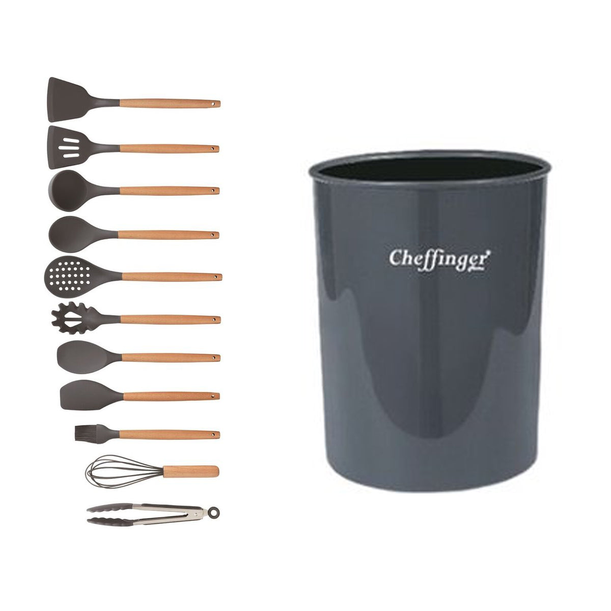 Cheffinger Kookgerei Set met Houder - 12-delig - Grijs - Keukengerei Set - TEKZEN