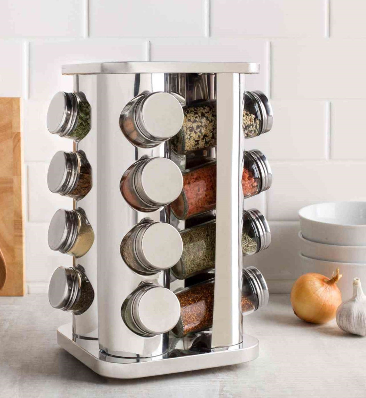 Cheffinger Kruidenrek – Kruidenrek staand – 16 kruidenpotjes – 360° draaibaar – Modern – Roestvrij
