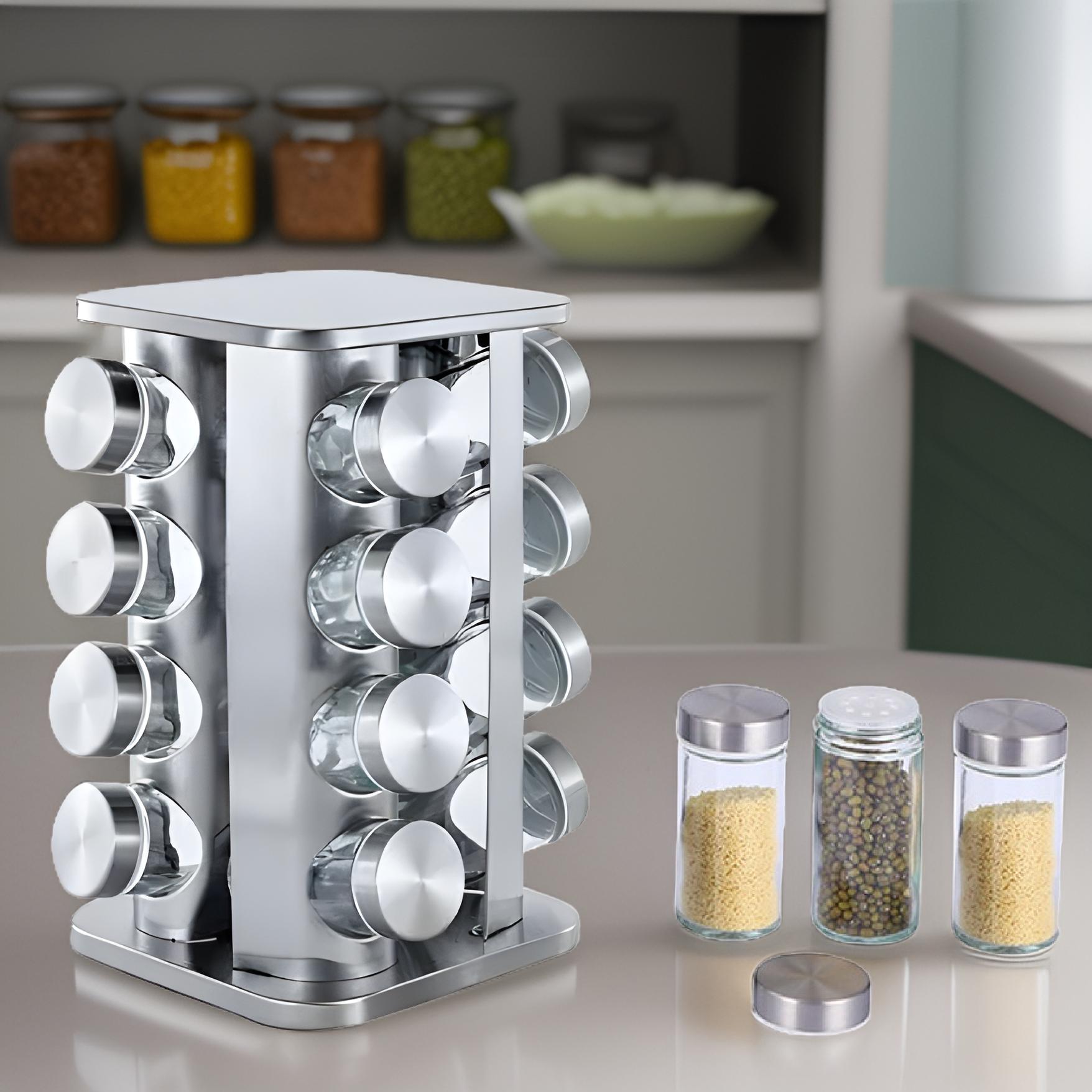 Cheffinger Kruidenrek – Kruidenrek staand – 16 kruidenpotjes – 360° draaibaar – Modern – Roestvrij
