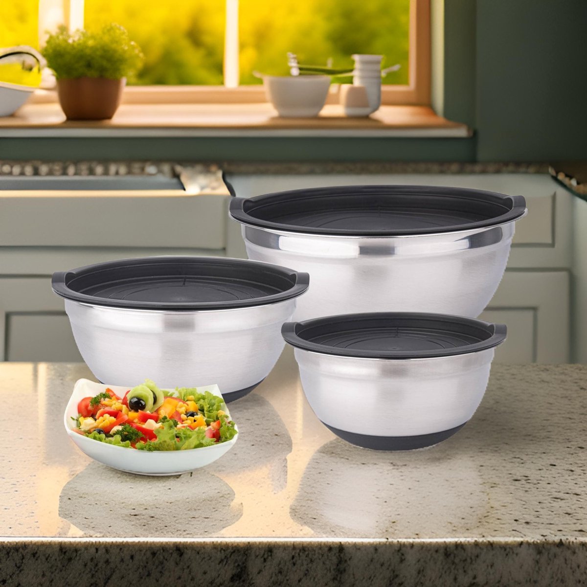Cheffinger Mengkom - Set van 3 Keukenkommen met Deksels - 20/22/24cm - Kommenset