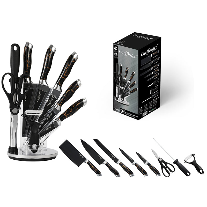 Cheffinger Knife Set with Stand - 9-piece - Black/Rose Gold/Marble