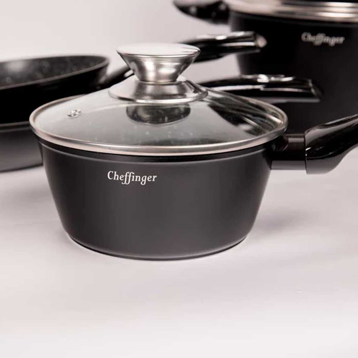 Cheffinger Pannenset - 10-delig - Zwart - Inductie - Met Glazen Deksels - TEKZEN