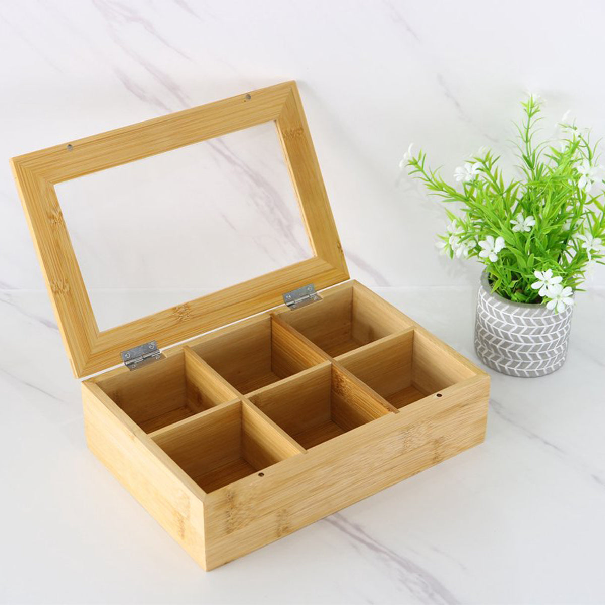 Cheffinger Tea Box 6 Compartments - Spacious Compartments for Pickwick, Pukka, Twinings, Clipper - Tea Chest - Bamboo