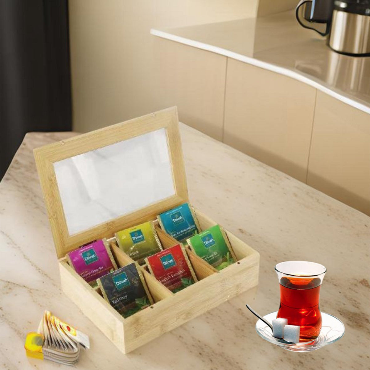 Cheffinger Tea Box 6 Compartments - Spacious Compartments for Pickwick, Pukka, Twinings, Clipper - Tea Chest - Bamboo