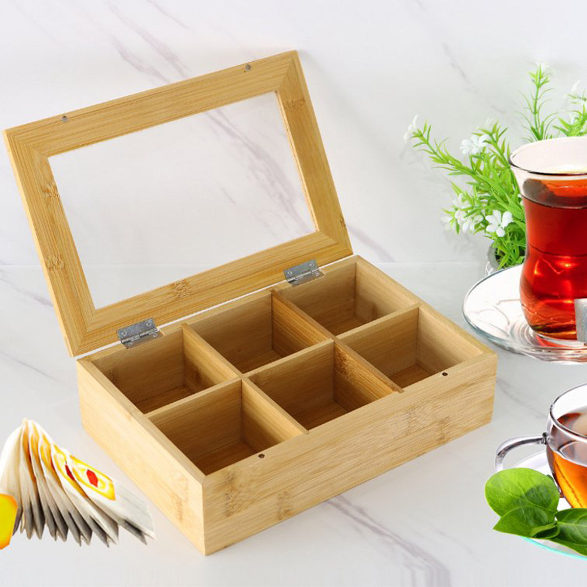 Cheffinger Tea Box 6 Compartments - Spacious Compartments for Pickwick, Pukka, Twinings, Clipper - Tea Chest - Bamboo
