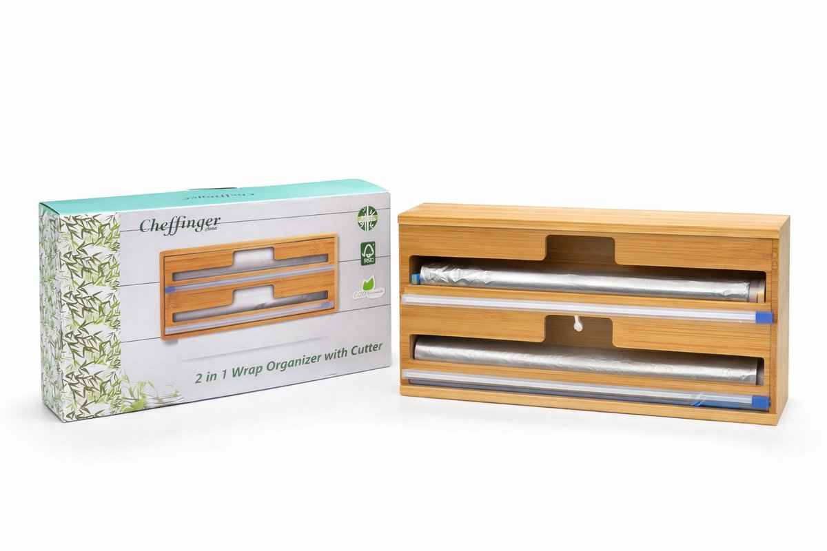 Cheffinger Vershoudfolie & Aluminiumfolie Dispenser - Bamboe - Wrap Dispenser - Bakpapier - Plastic - Keukenrol - Vershoudfolie - 2-in-1 Organizer