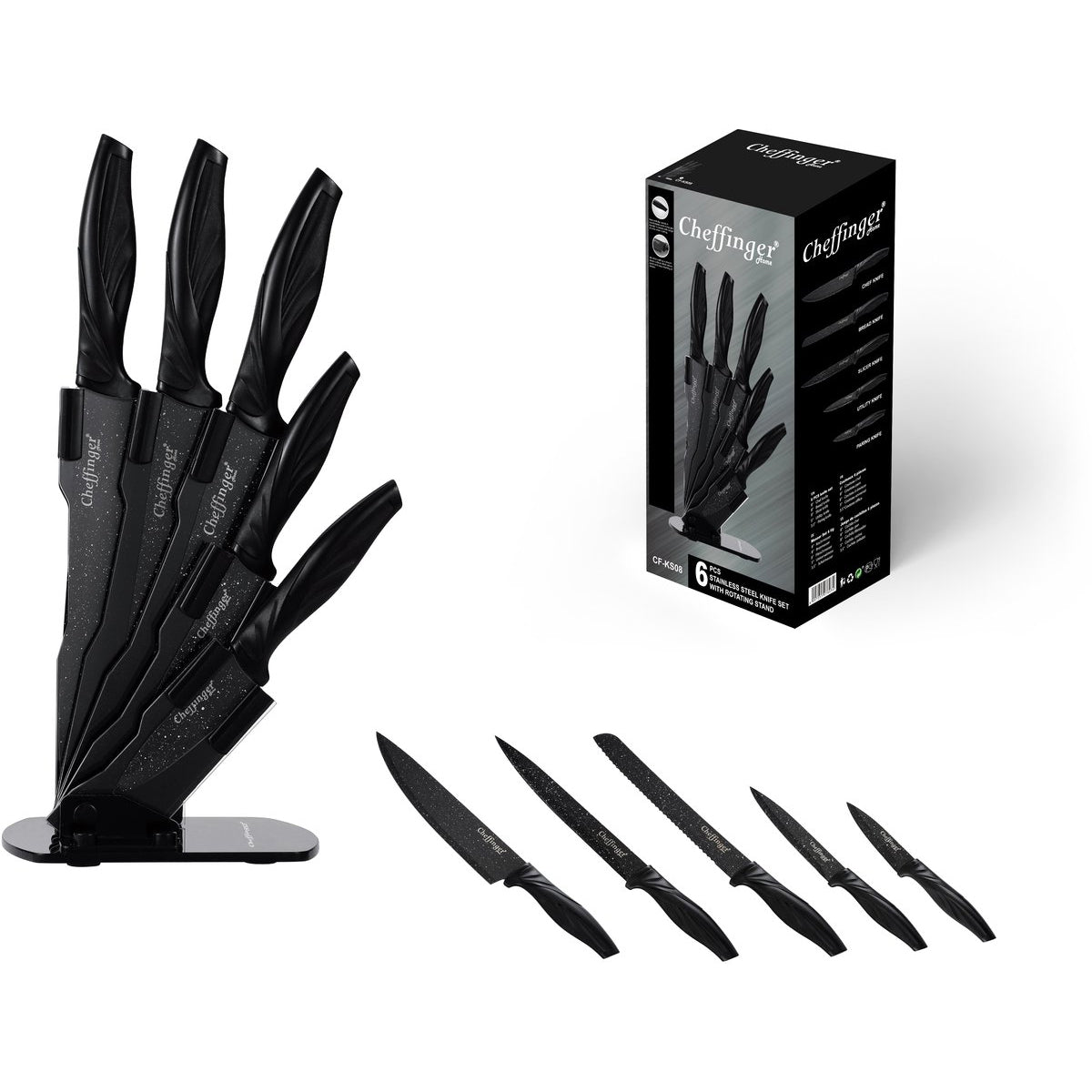 Cheffinger Knife Set with Stand - 6-piece - Black