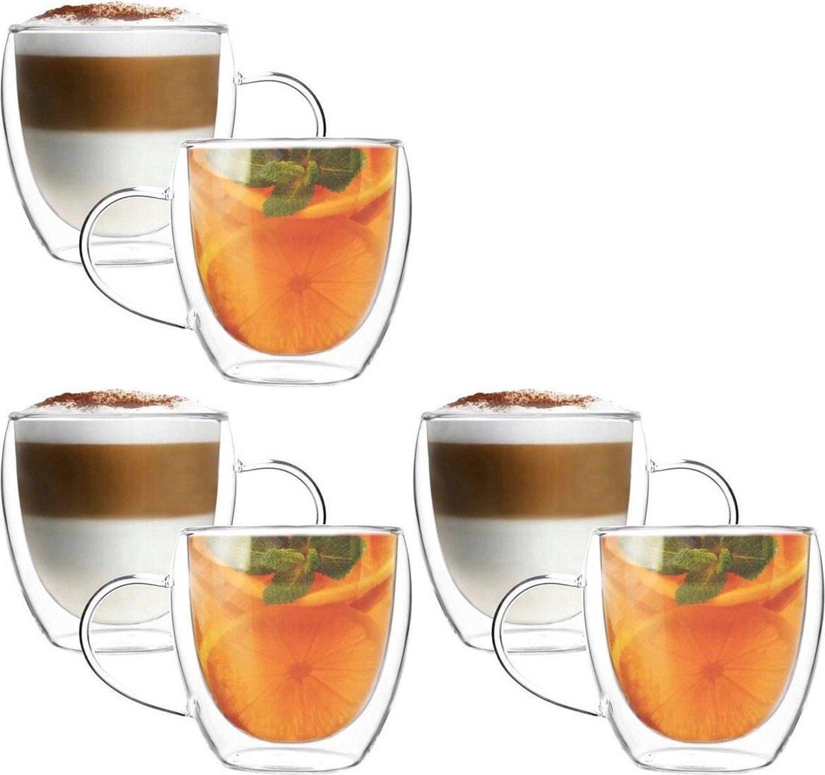 Dubbelwandige Glazen met Oor - 250 ml - Set van 6 - Koffieglazen - Theeglas - Cappuccino Glazen - Latte Macchiato Glazen - Glas - TEKZEN