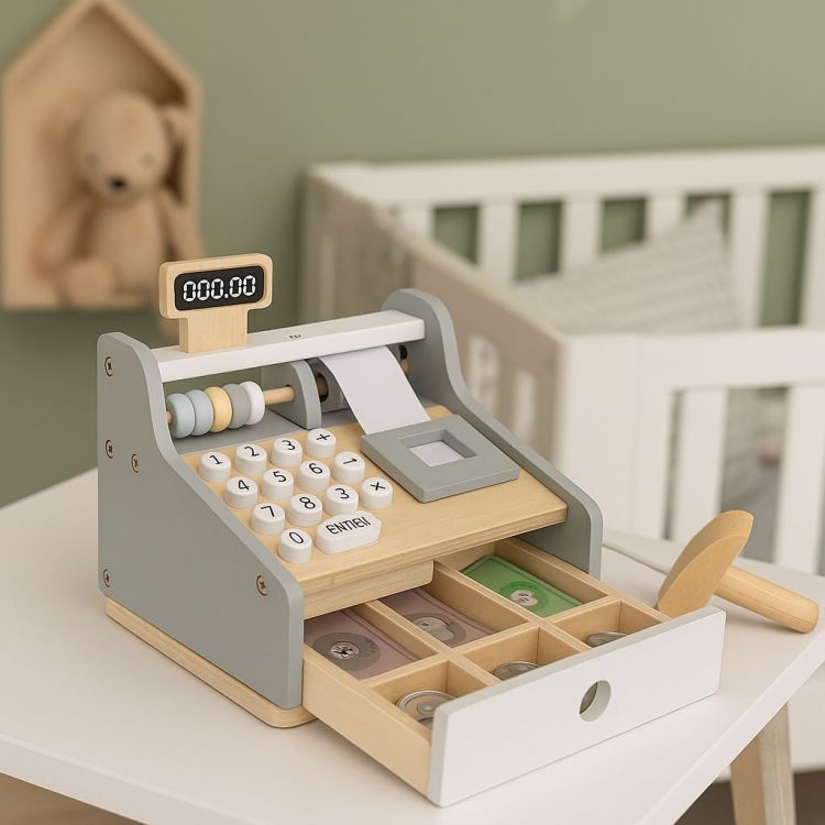 ECOTOYS Houten Speelgoedkassa - Met Scanner, Speelgeld & Betaalkaart – foto 2