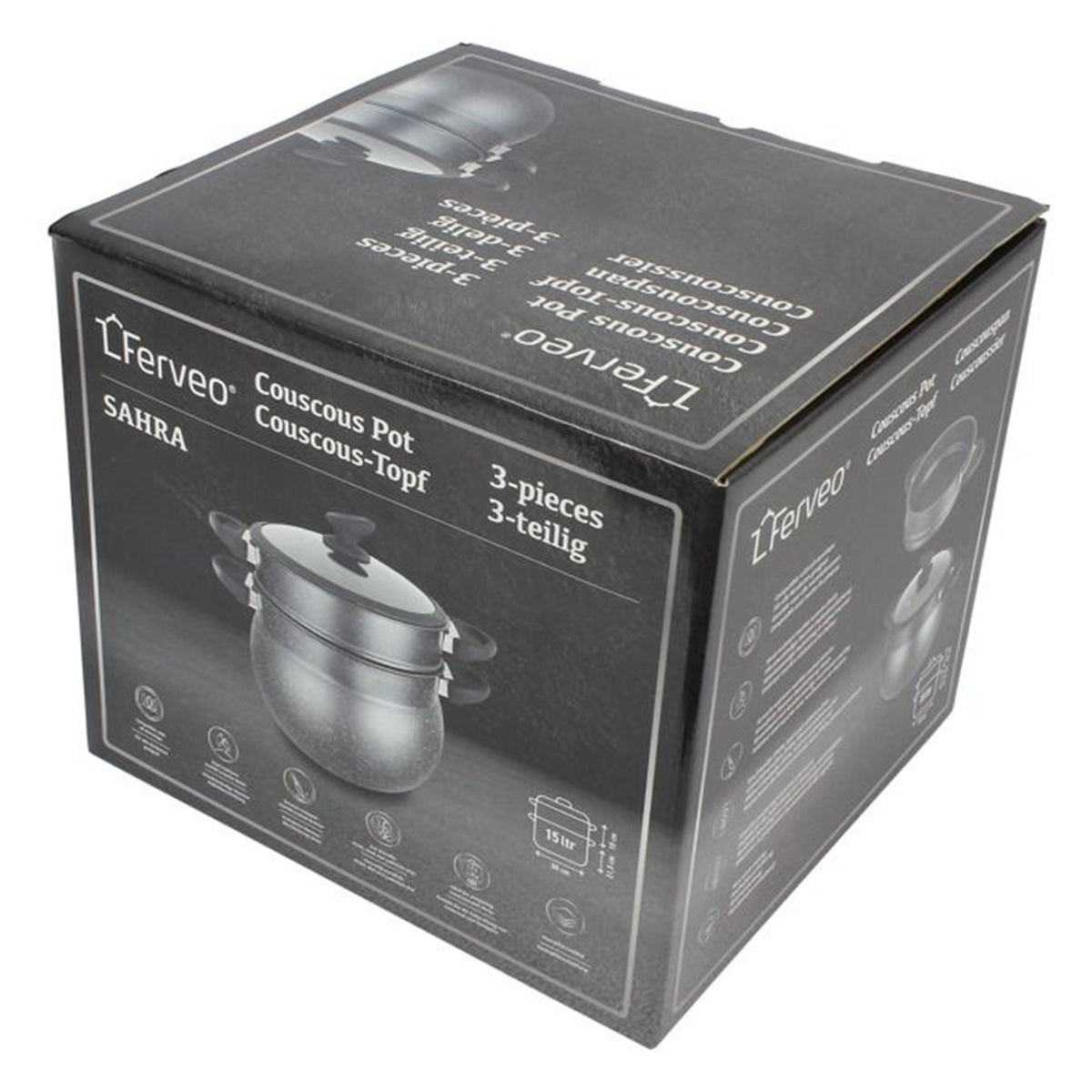 Ferveo Sahra Couscouspfanne - 8,4 Liter - 24 cm - Induktionsgeeignet - Dampfgarer - Schwarz