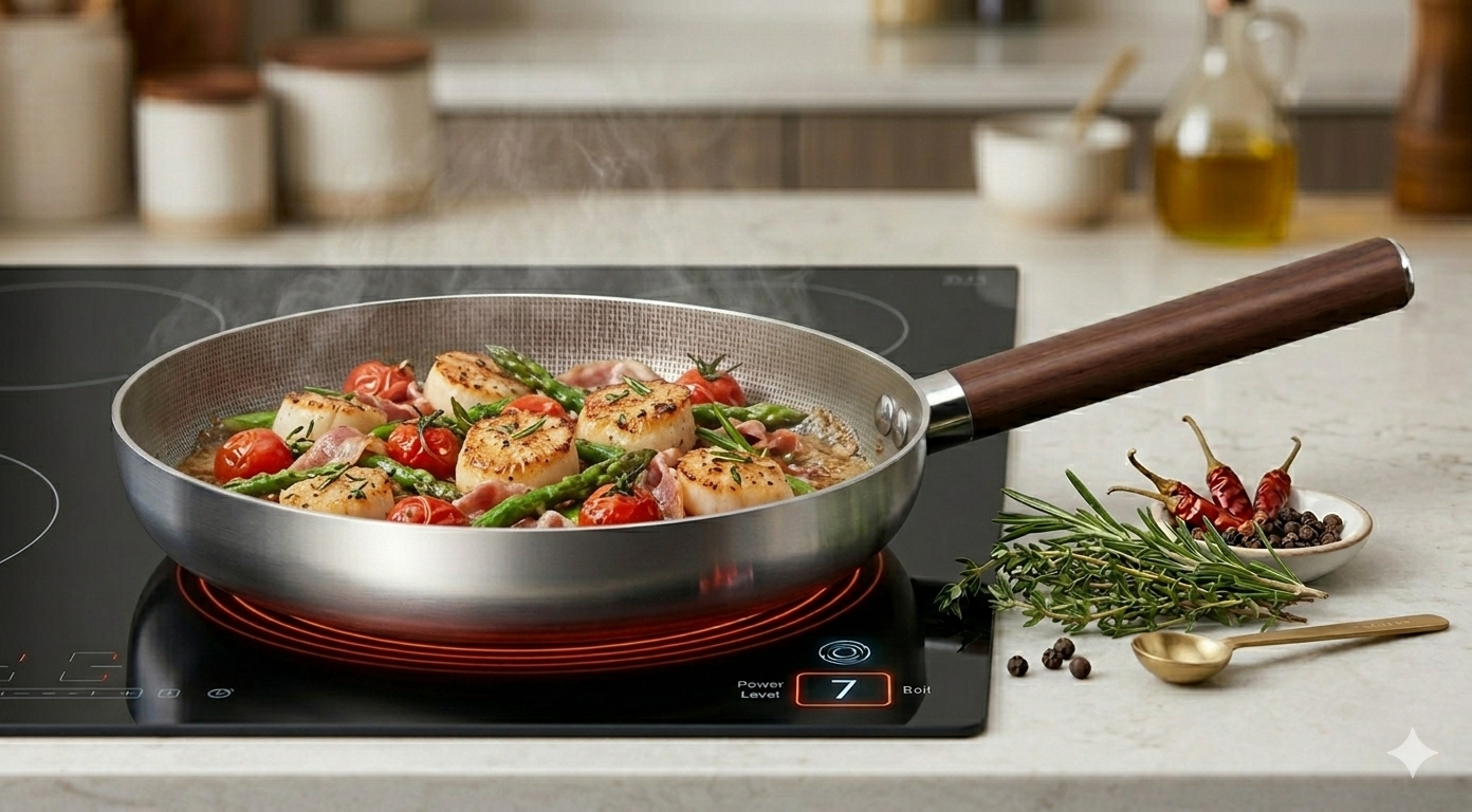 Cheffinger Koekenpannen Set - 3-delig - 20, 24, 28cm - RVS - Inductie - Super Reliëf - Stof-Touch Handgreep met Houtlook