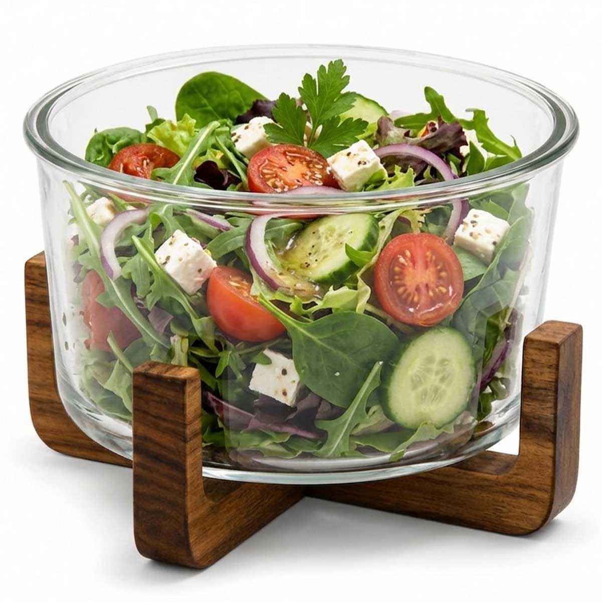 Glozini Glazen Serveerschaal met Acacia Houten Onderstel ronde snack- & tappasschalen 16 cm Transparant / naturel hout
