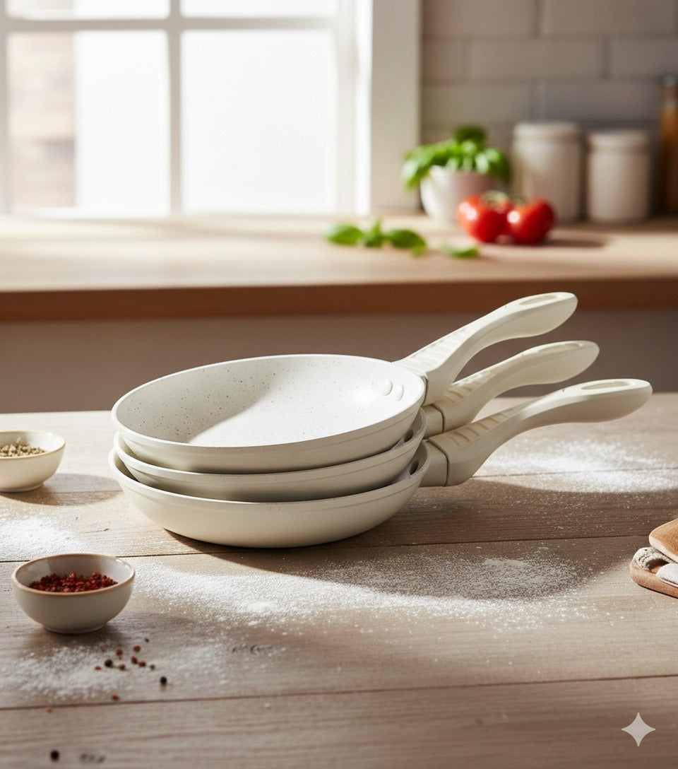 Cheffinger Koekenpannenset - 3-delig - Beige - Koekenpan 20, 24,28cm - Inductie