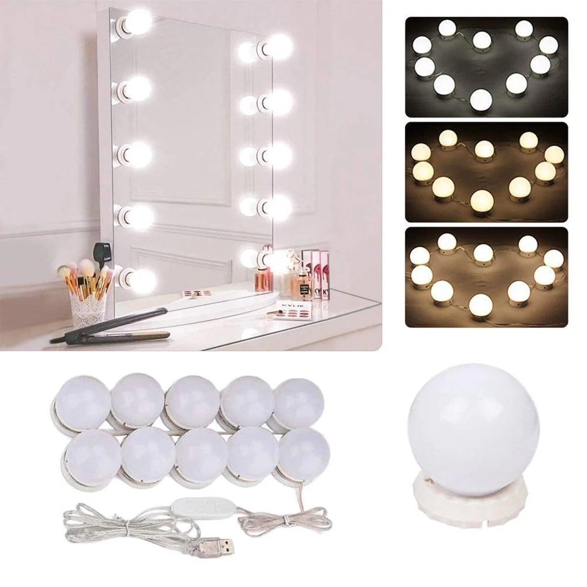 IZOXIS Hollywood Spiegelbeleuchtung - 10 LED Lampen - Dimmbar - Spiegellampen mit 3 Lichtmodi - Inkl. USB Anschluss