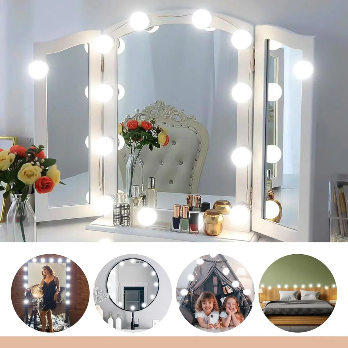 KAIA Hollywood Spiegellampen - Spiegelverlichting - Wit - Met 14 LED Lampen - USB-Aansluiting - Dimbare Make-Up Lamp - 3 Kleurtinten - 6 Meter Kabel