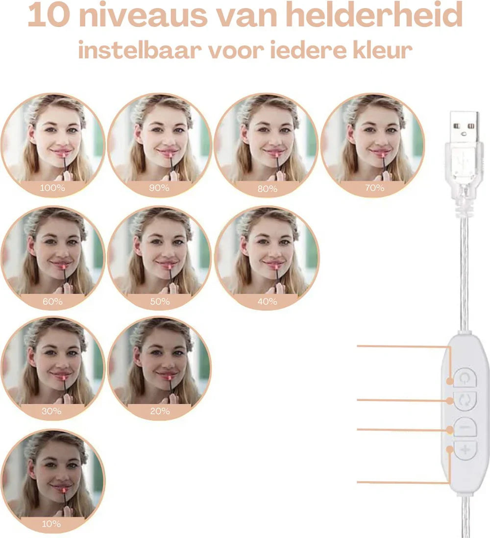 KAIA Hollywood Spiegellampen - Spiegelverlichting - Wit - Met 14 LED Lampen - USB-Aansluiting - Dimbare Make-Up Lamp - 3 Kleurtinten - 6 Meter Kabel