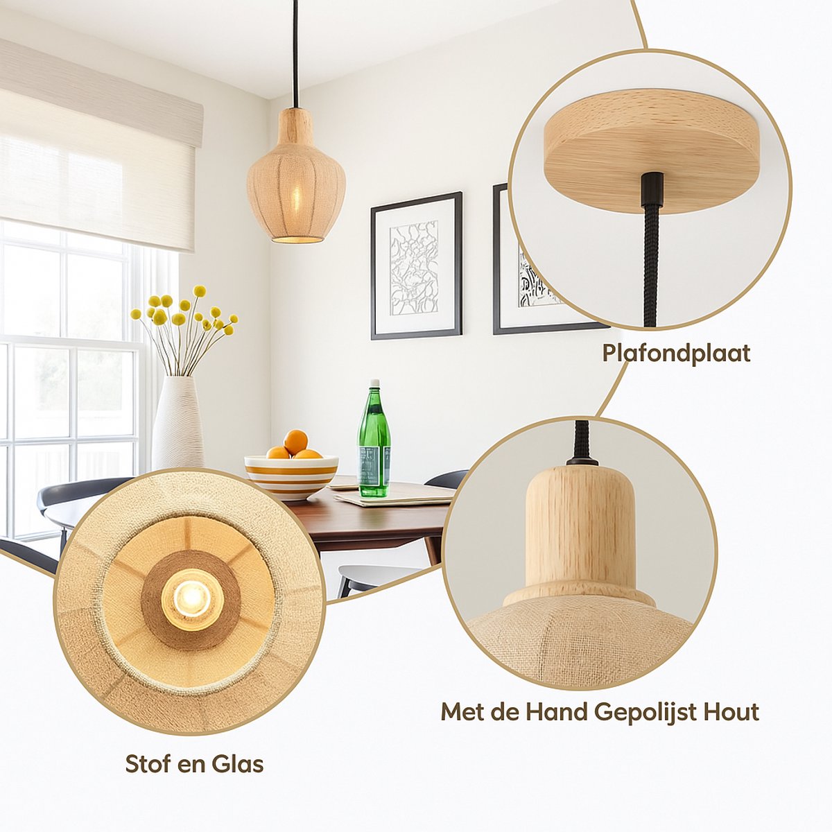 Kadirelli - Pendelleuchte - Deckenlampe Deckenlampe - Japandi Pendelleuchte - Beige - Schlafzimmerlampe - Esszimmer Pendelleuchte - Stoff/Glas